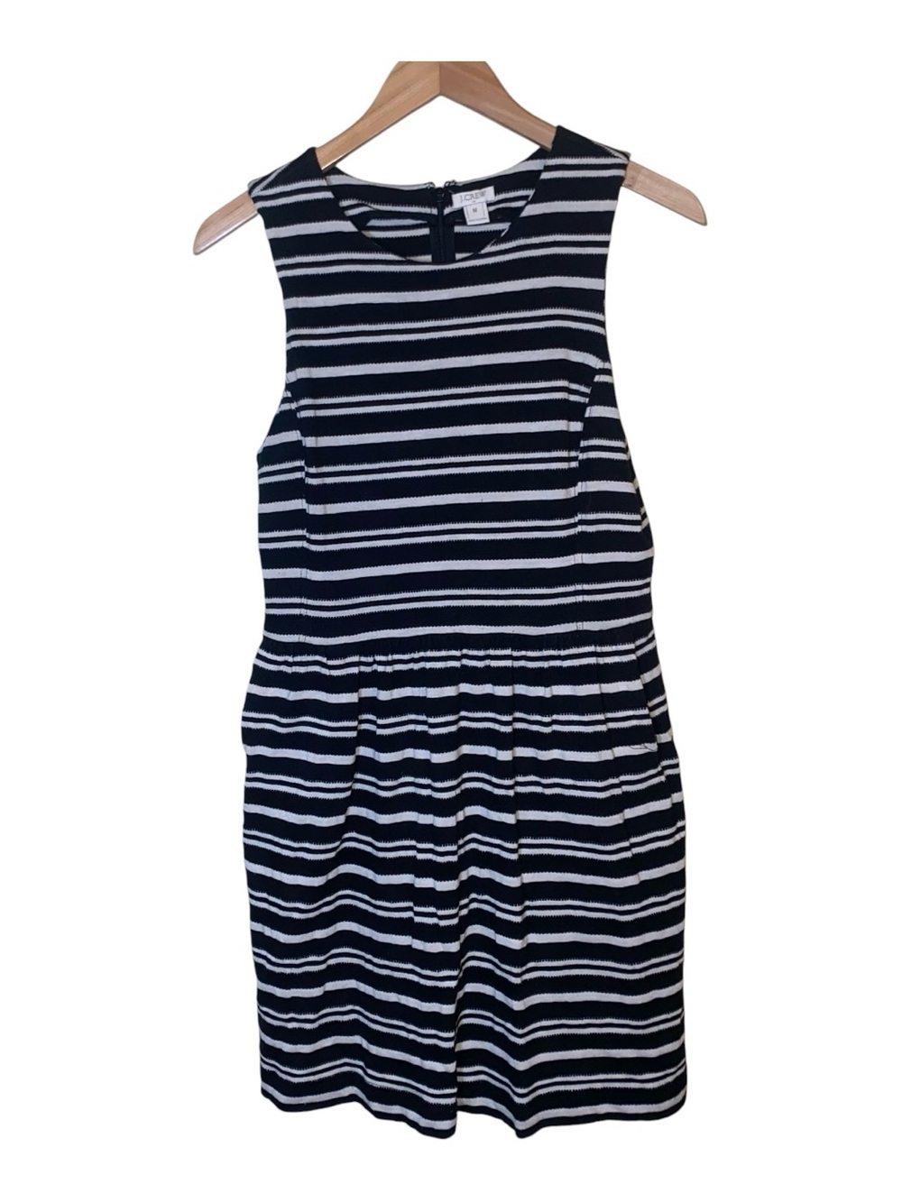 J.Crew Blue White Striped Fit Flare Dress Sleeveless Pockets Size M Nautical